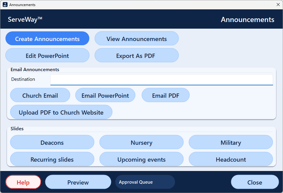 Create Announcements in ServeWay™ for the Grace Community Church demo