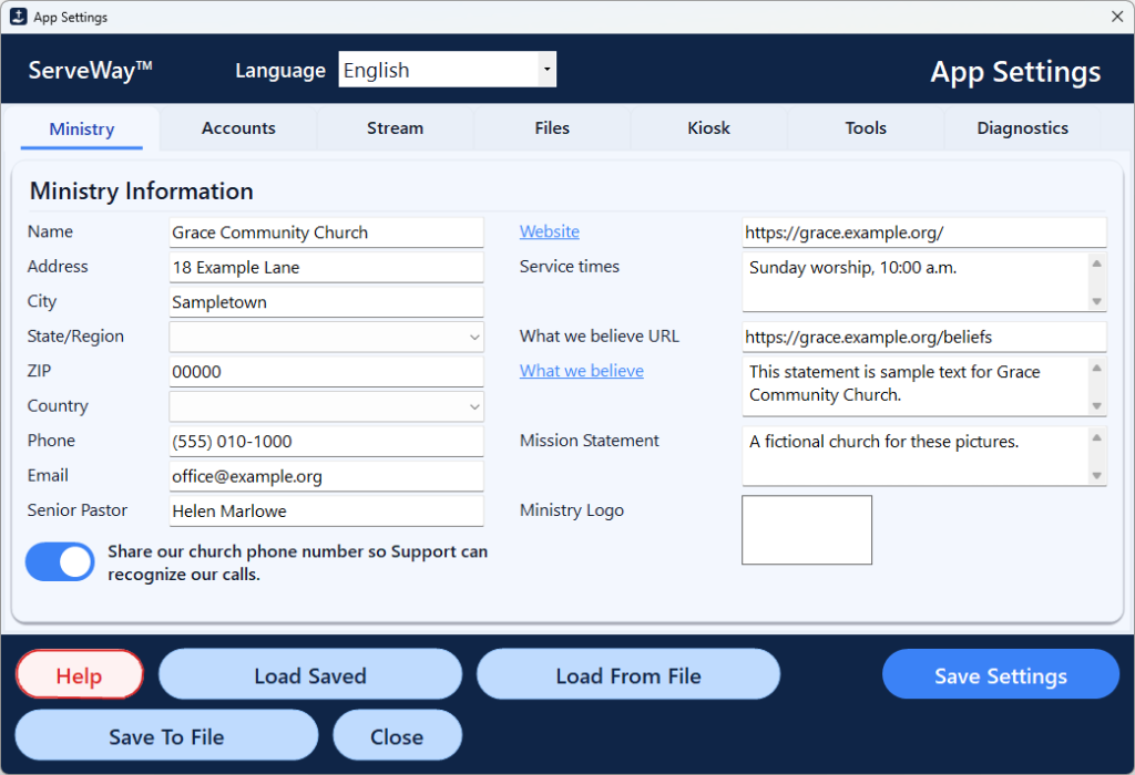 ServeWay App Settings window