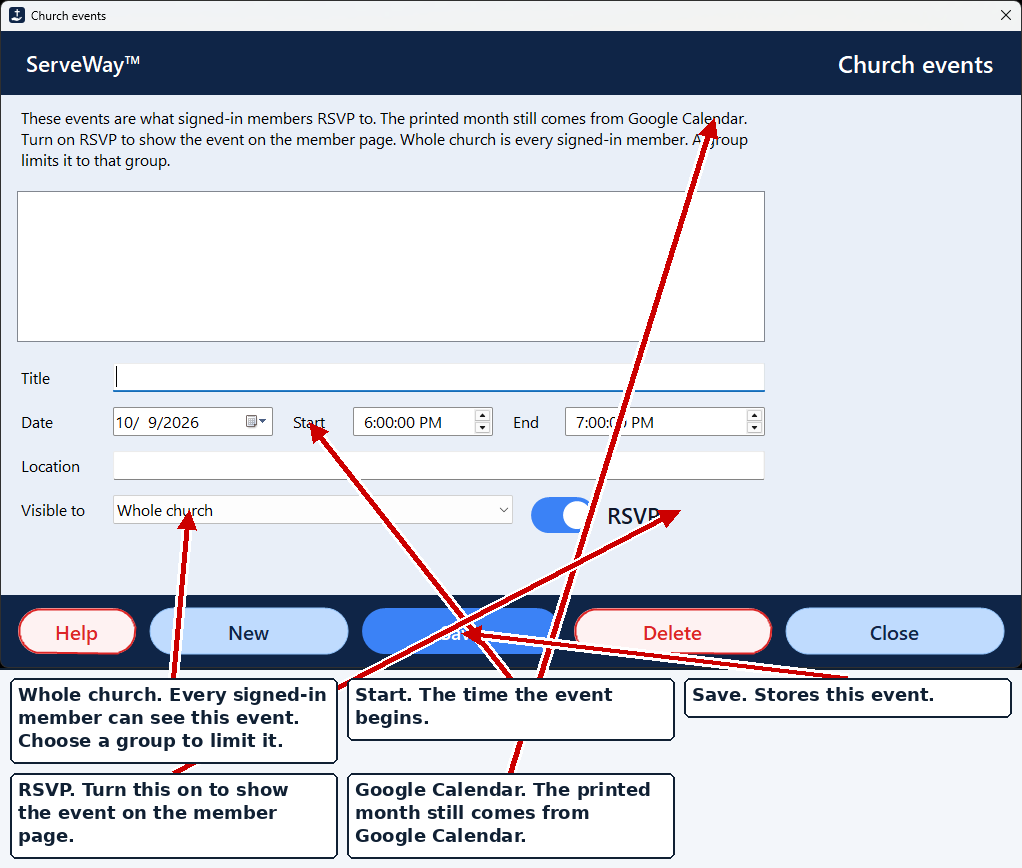 Church events form. RSVP shows the event on the member page. Whole church means every signed-in member; a group limits who sees it. The printed month still comes from Google Calendar.