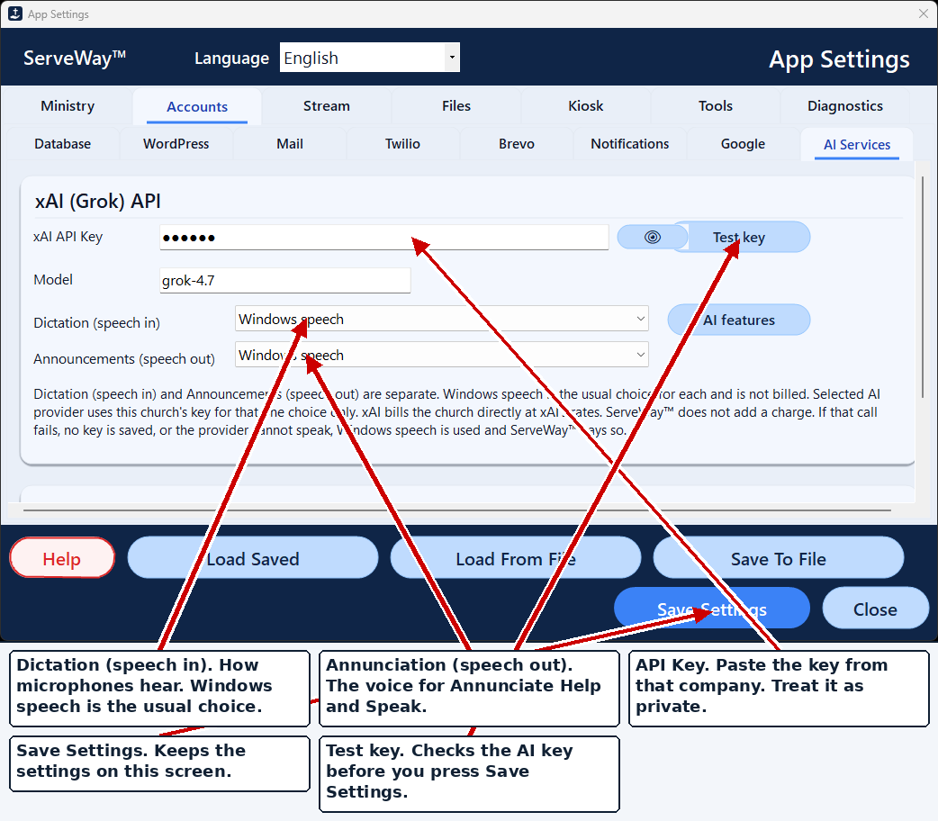 App Settings account tabs include Twilio and Brevo. This view is the AI Services tab. The API key box is hidden.