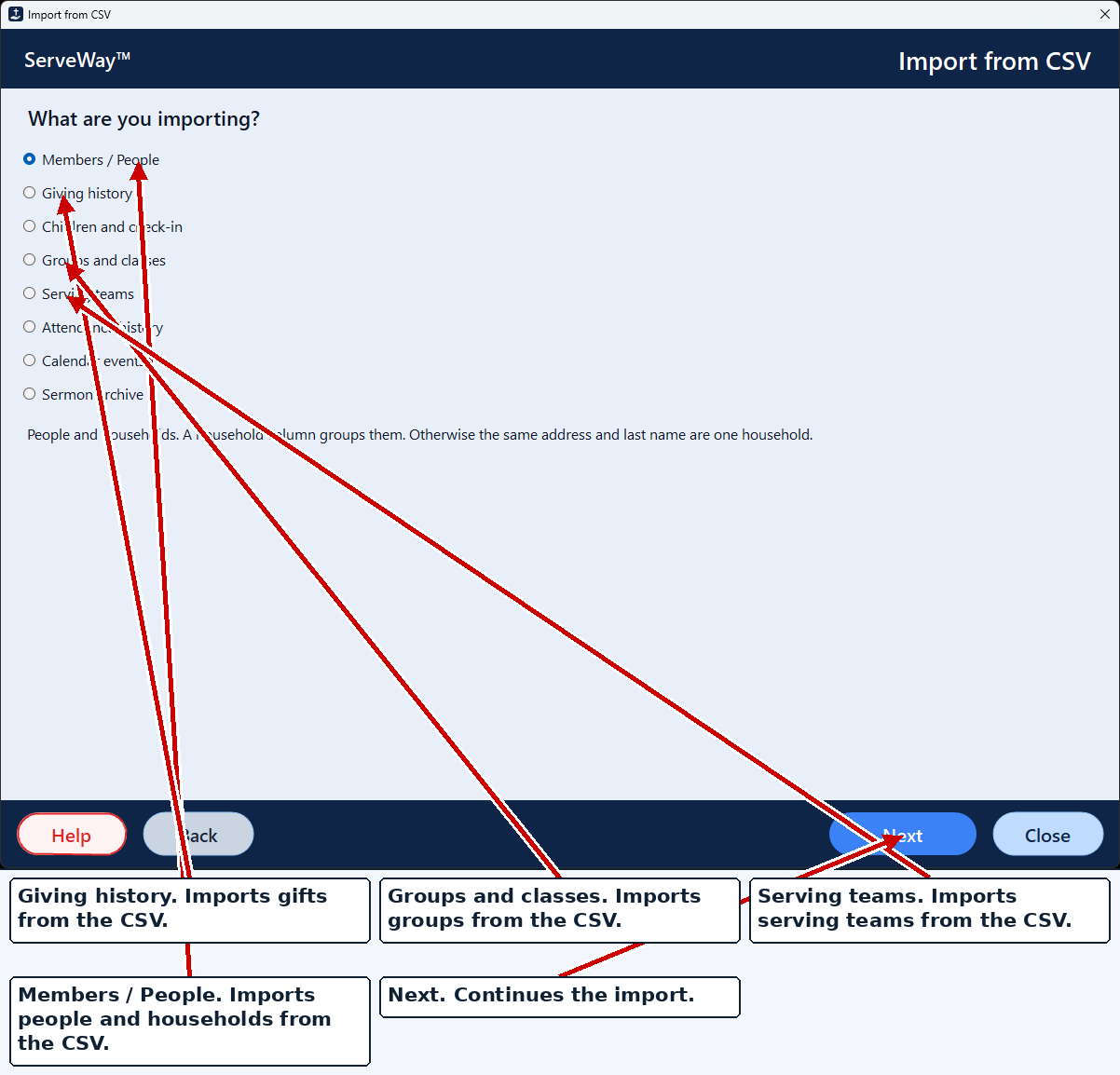 Import from CSV. Members / People is selected, with giving history, groups and classes, and serving teams as other choices.