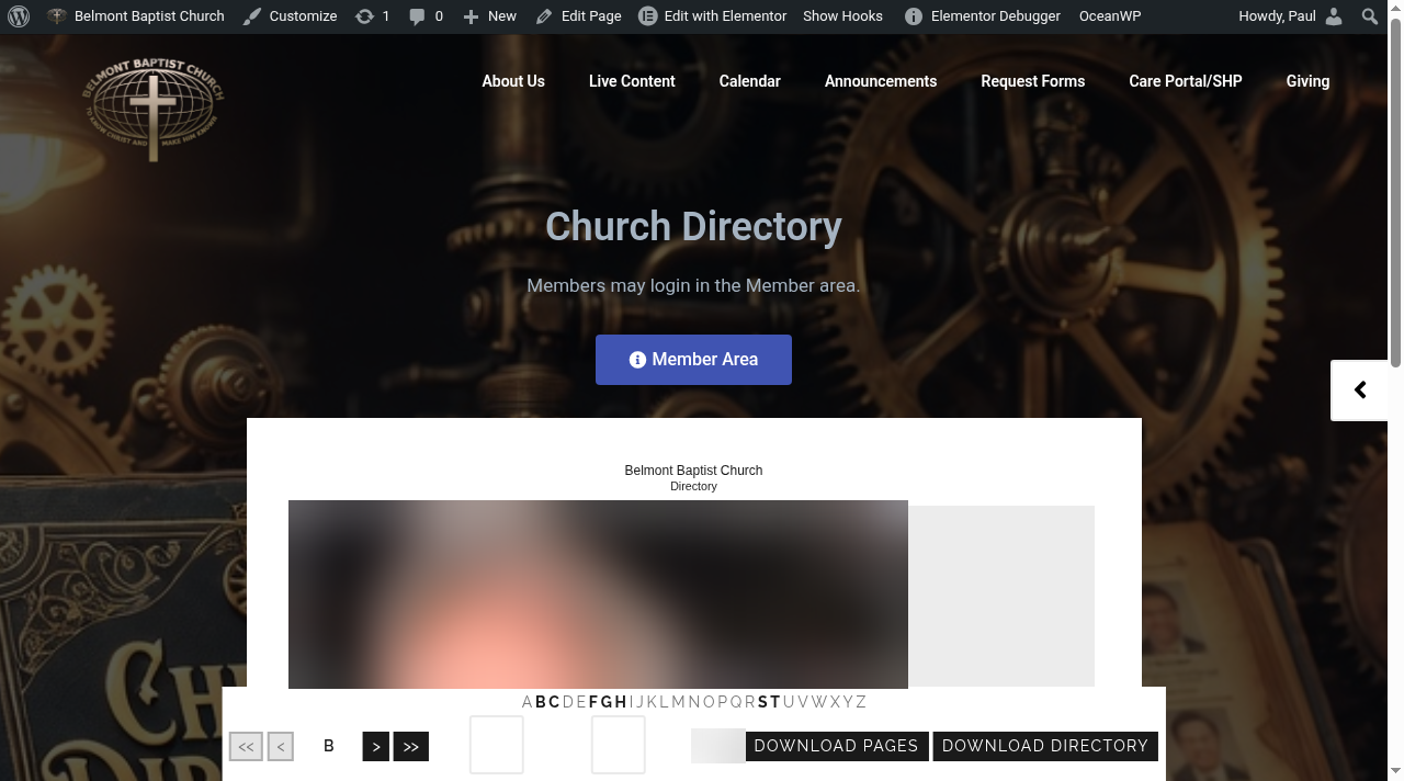 Church Directory page with letter bar and download buttons