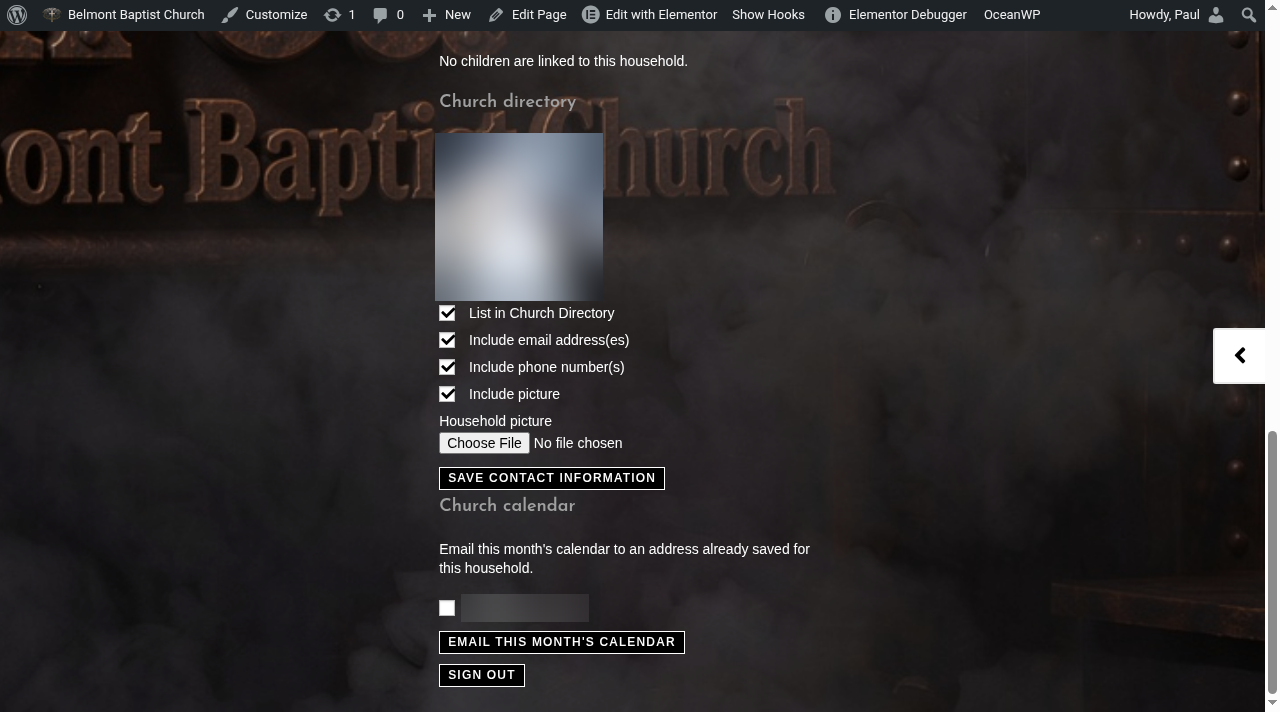 Member Area directory choices, household picture, calendar email, and sign out