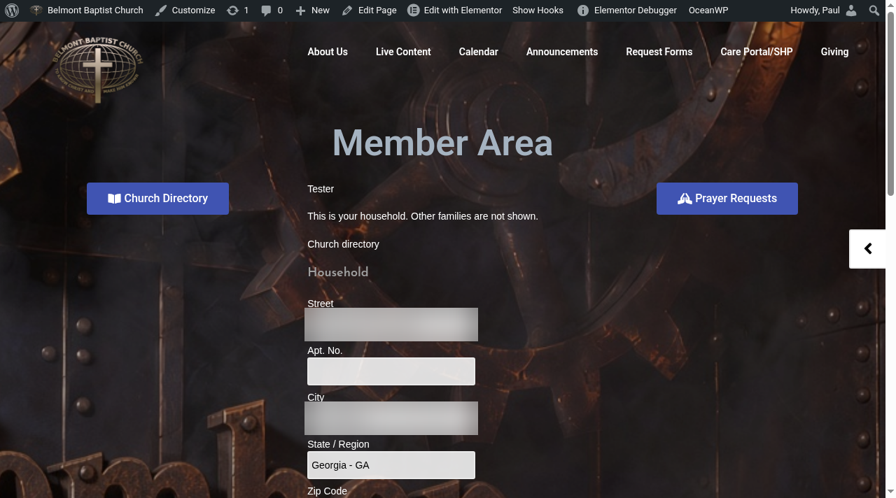 Member Area showing a household's contact information