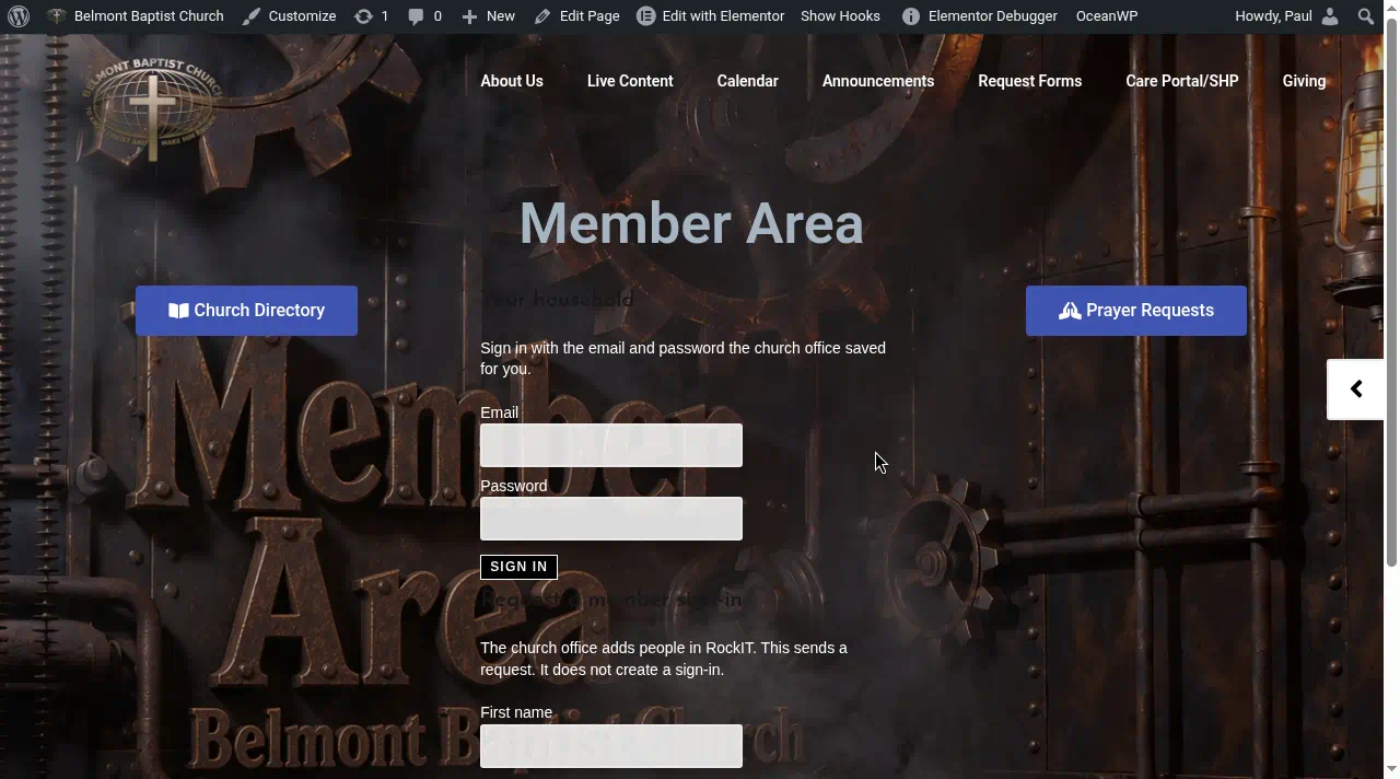 Member Area sign-in page with email and password