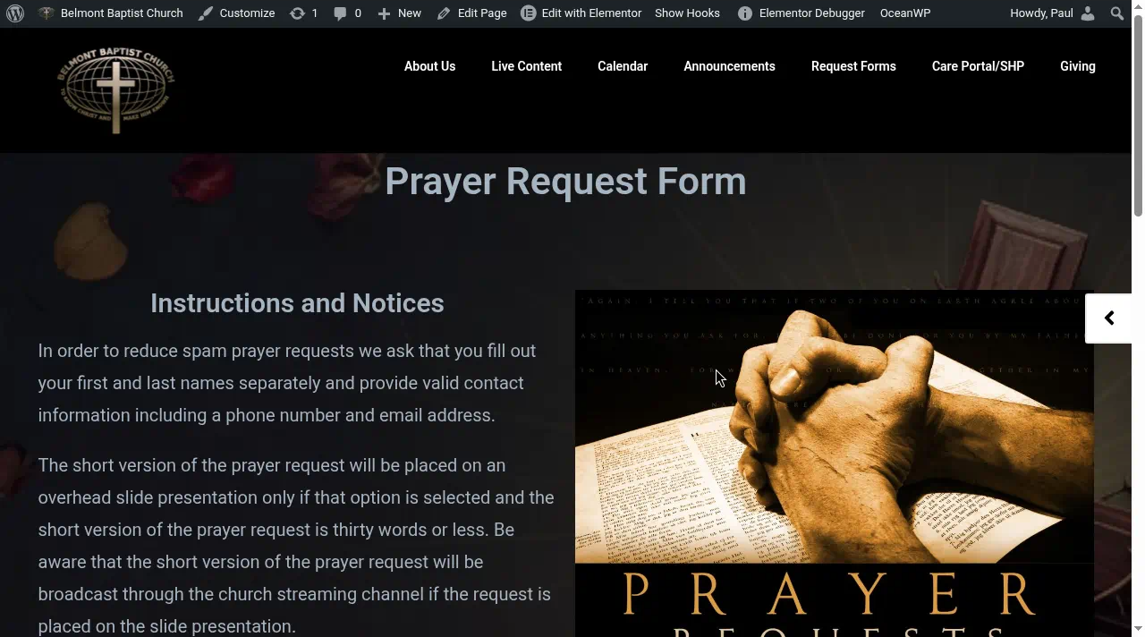 Prayer Request Form page