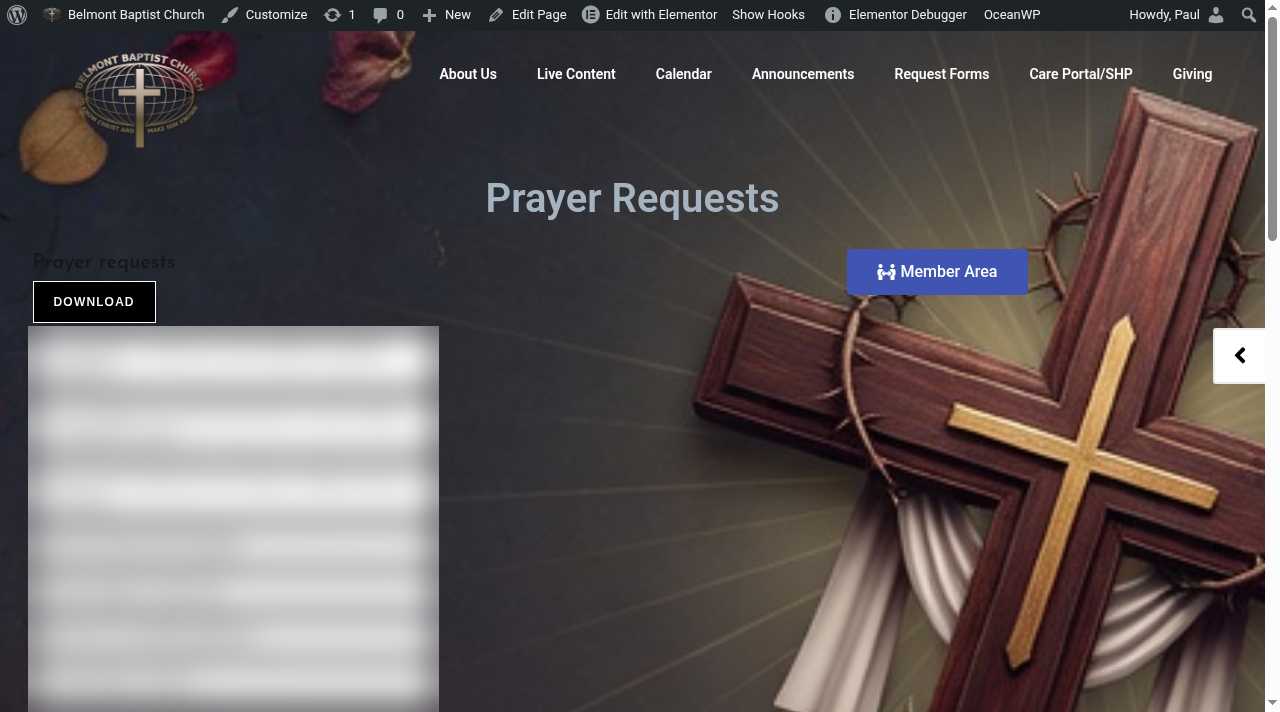 Prayer Requests page for signed-in members