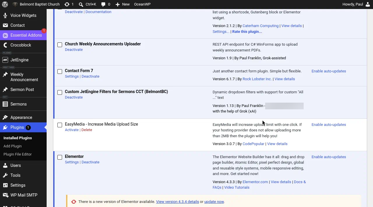 WordPress Plugins page showing ServeWay plugins installed on a church site