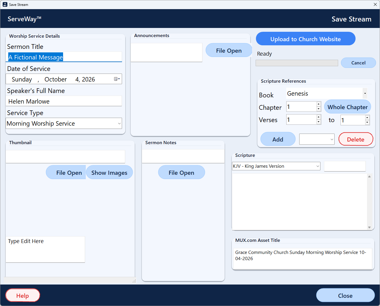 Save Stream To Website in ServeWay™ for the Grace Community Church demo