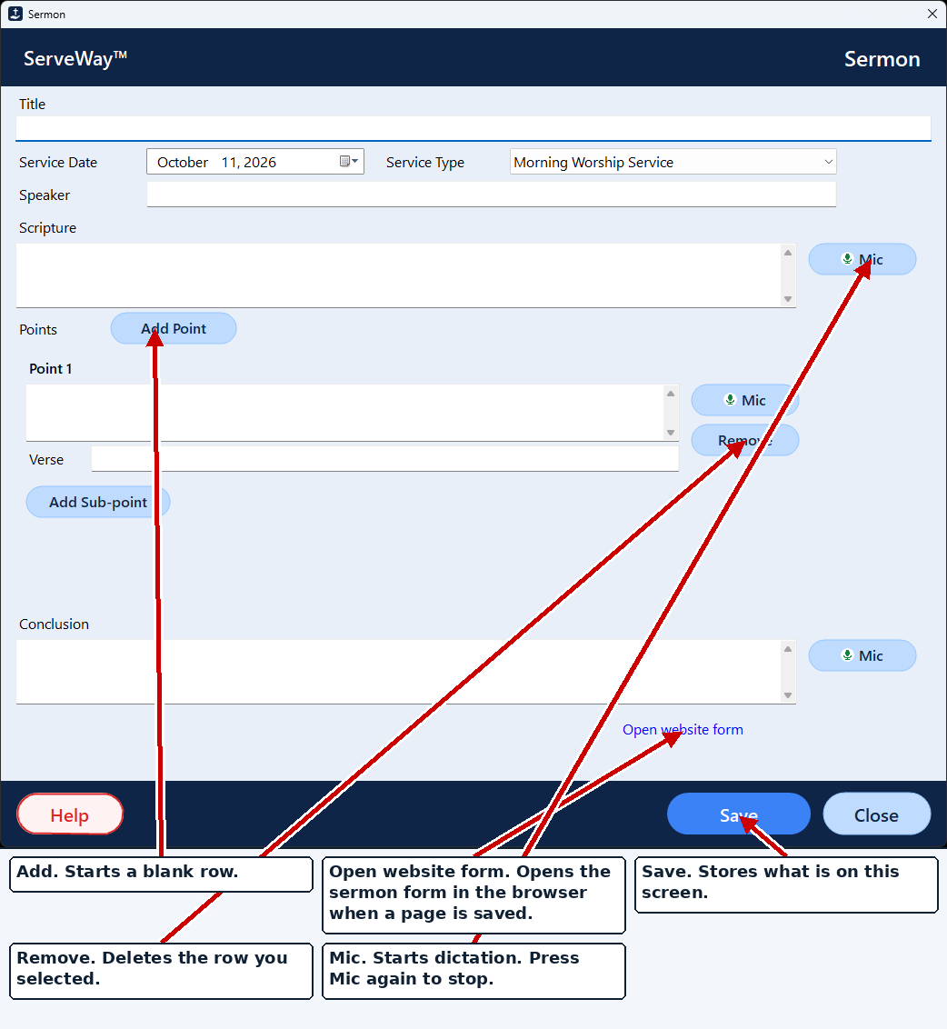 Sermon form with the service date, Morning Worship Service, points, a microphone button, and Open website form. The sermon-notes screen that names Belmont was not used.