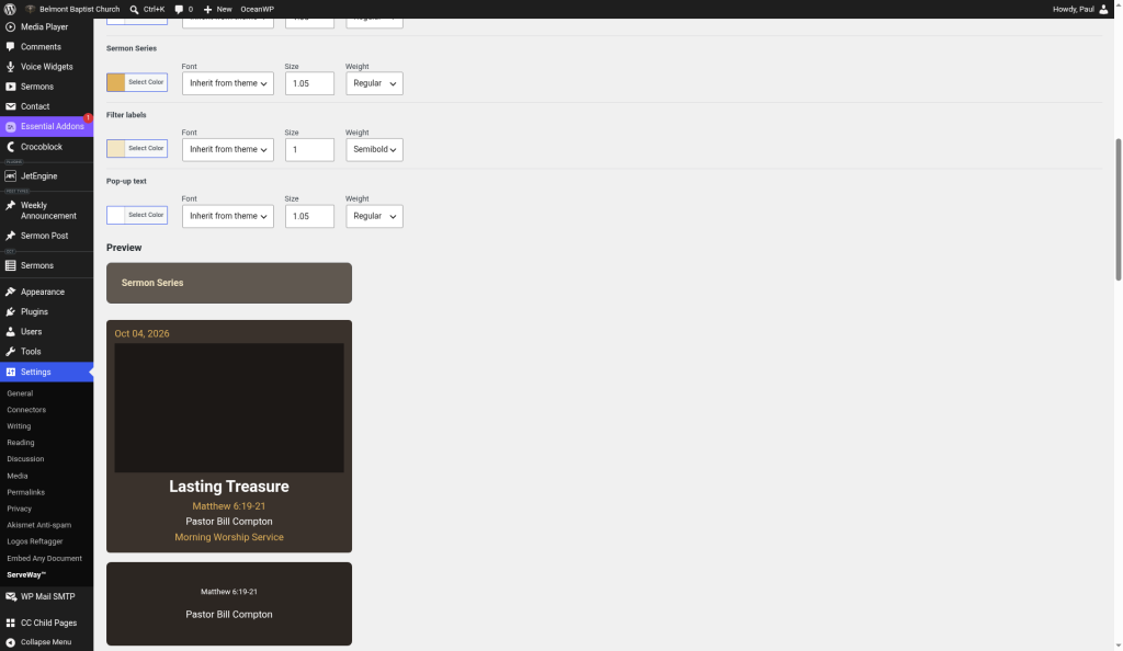 Sermon style settings with live preview