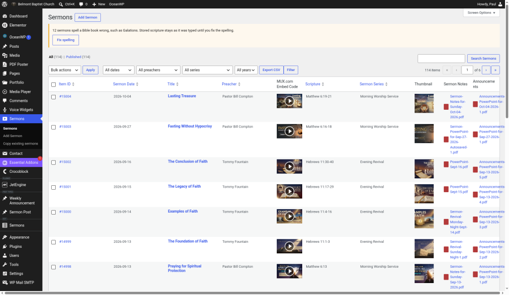 Sermons list in the WordPress dashboard