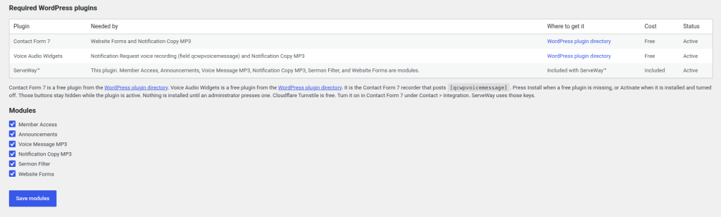 ServeWay settings page in WordPress showing required plugins