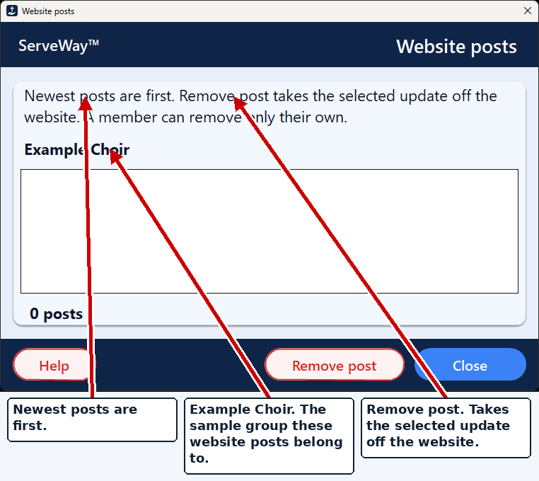 Website posts for the sample group Example Choir. Remove post takes the selected update off the church website.